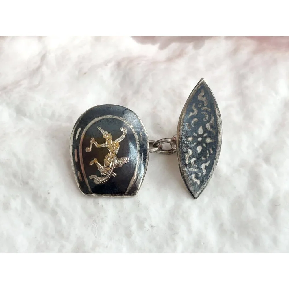 Siam Sterling Cufflink Black Horseshoe Nielloware Vintage Thai Made 925 Earrings